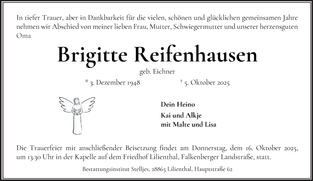  Traueranzeige für Brigitte Reifenhausen vom 11.10.2025 aus Bergedorfer Zeitung