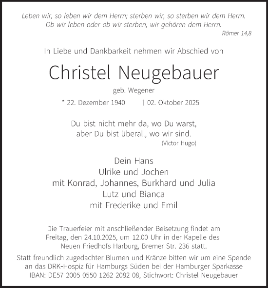 Traueranzeige von Christel Neugebauer 