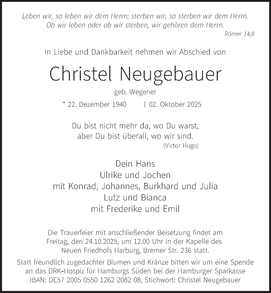  Traueranzeige für Christel Neugebauer vom 11.10.2025 aus 