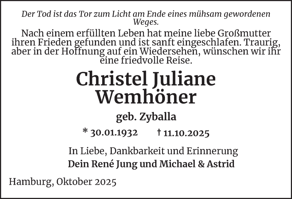  Traueranzeige für Christel Juliane Wemhöner vom 01.11.2025 aus 