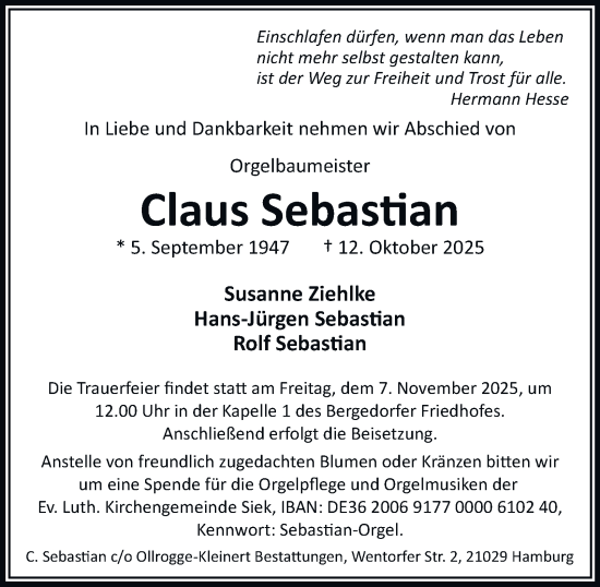 Traueranzeige von Claus Sebastian von Bergedorfer Zeitung