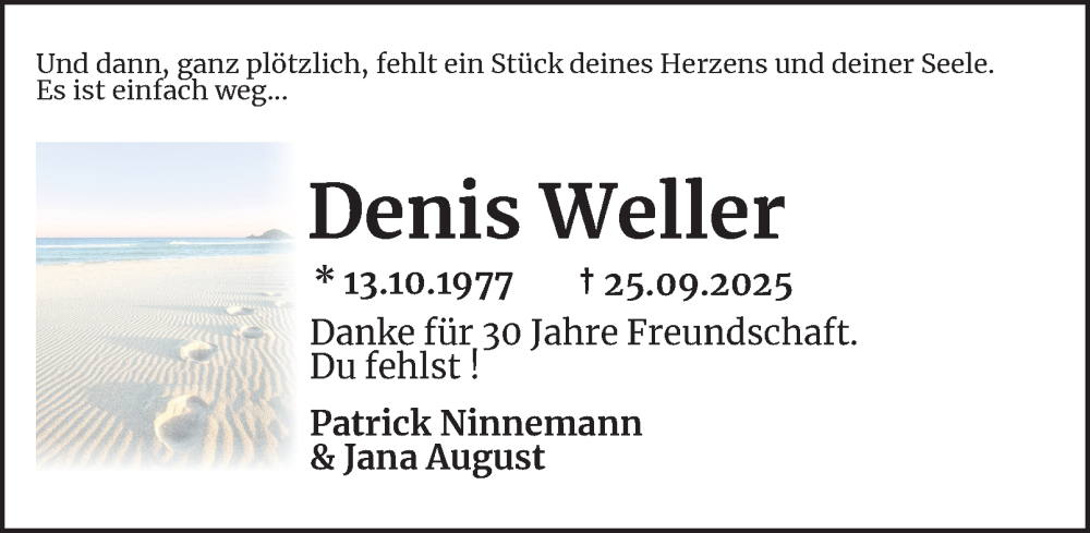  Traueranzeige für Denis Weller vom 04.10.2025 aus Bergedorfer Zeitung