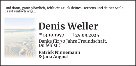 Traueranzeige von Denis Weller von Bergedorfer Zeitung