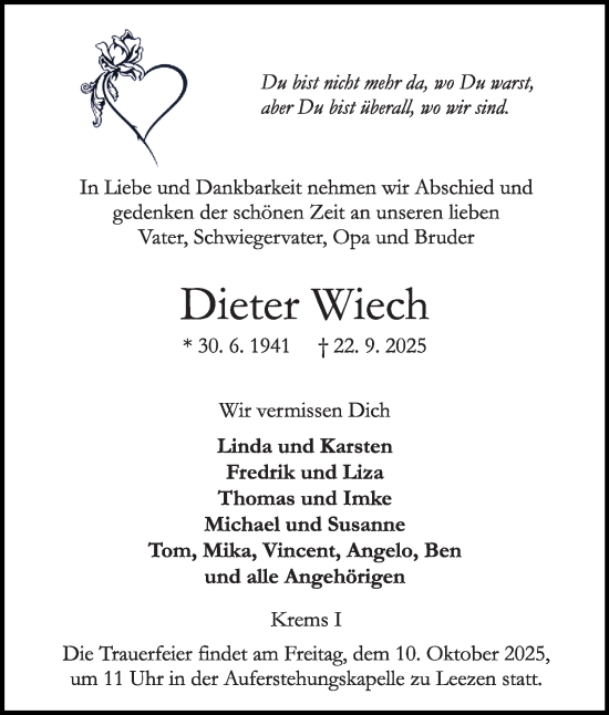 Traueranzeige von Dieter Wiech von Hamburger Abendblatt