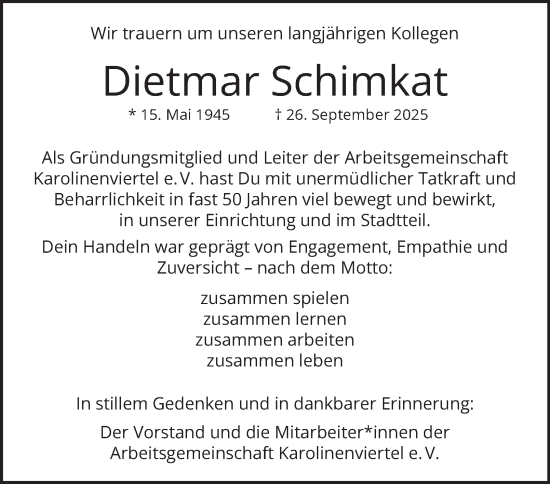 Traueranzeige von Dietmar Schimkat von Hamburger Abendblatt