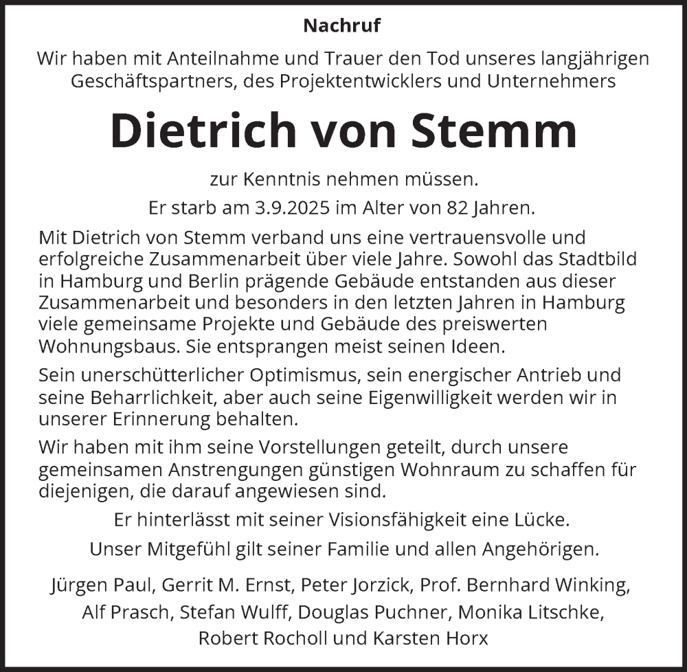 Traueranzeige für Dietrich von Stemm vom 18.10.2025 aus Hamburger Abendblatt