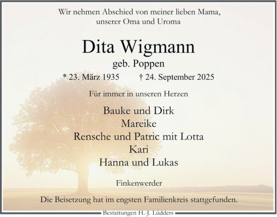 Traueranzeige von Dita Wigmann 