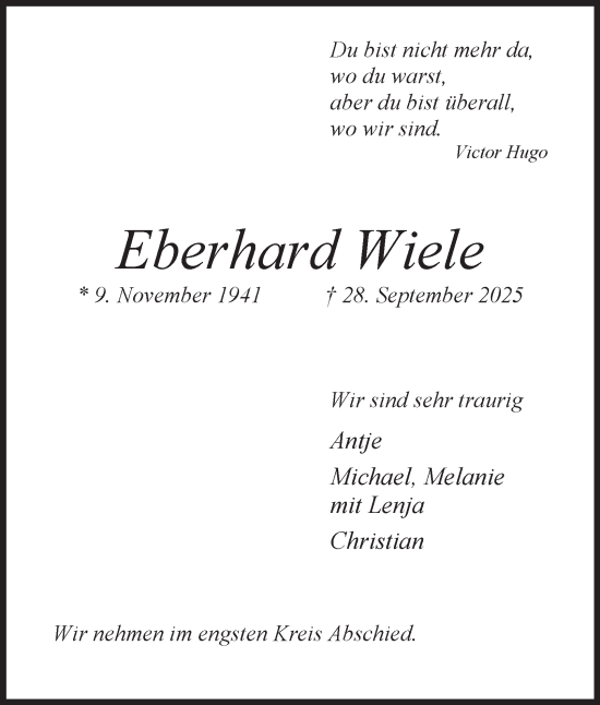 Traueranzeige von Eberhard Wiele von Hamburger Abendblatt