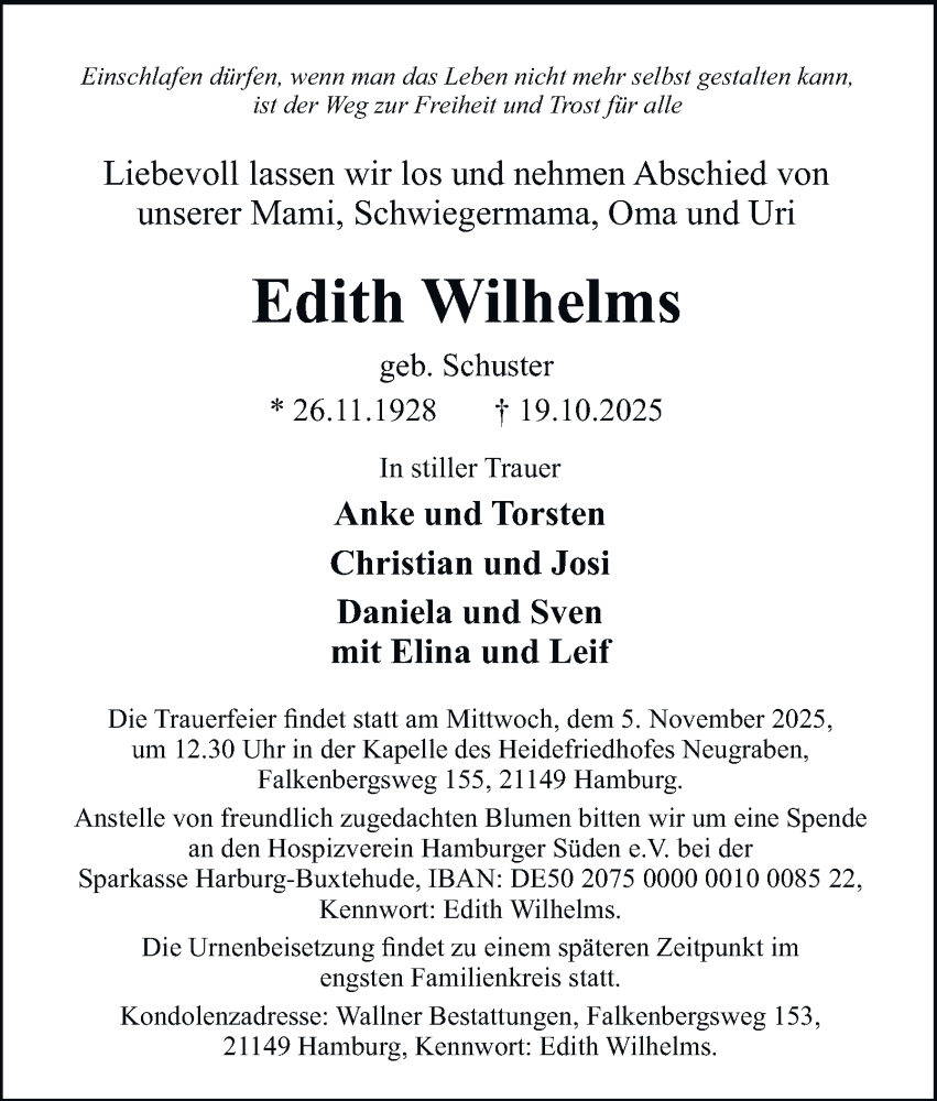  Traueranzeige für Edith Wilhelms vom 25.10.2025 aus Hamburger Abendblatt