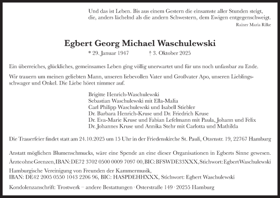 Traueranzeige von Egbert Georg Michael Waschulewski von Hamburger Abendblatt