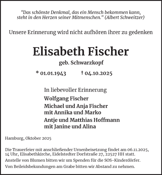 Traueranzeige von Elisabeth Fischer von Bergedorfer Zeitung