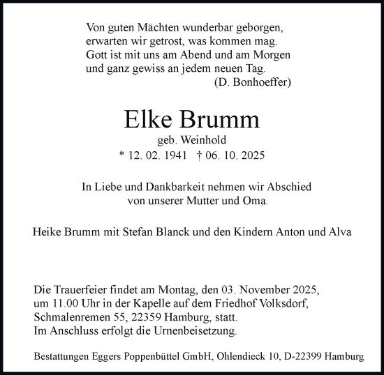 Traueranzeige von Elke Brumm von Hamburger Abendblatt