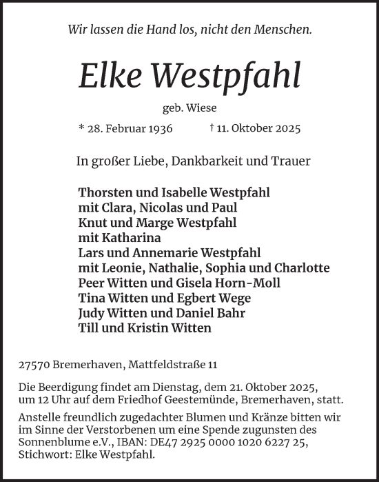 Traueranzeige von Elke Westpfahl von Hamburger Abendblatt