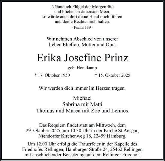 Traueranzeige von Erika Josefine Prinz 