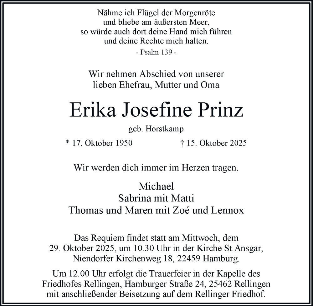  Traueranzeige für Erika Josefine Prinz vom 25.10.2025 aus 