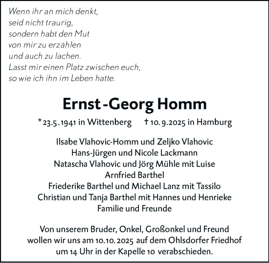 Traueranzeige von Ernst-Georg Homm von Hamburger Abendblatt