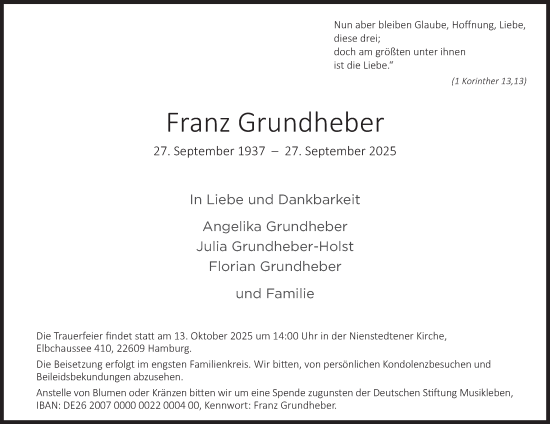 Traueranzeige von Franz Grundheber von Hamburger Abendblatt