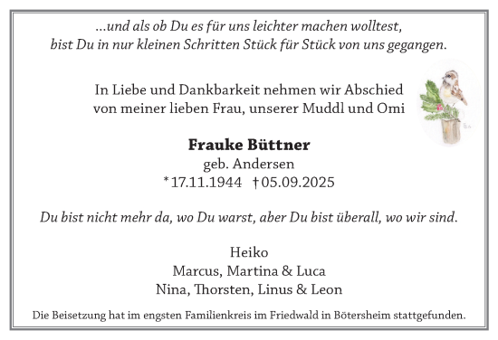 Traueranzeige von Frauke Büttner 