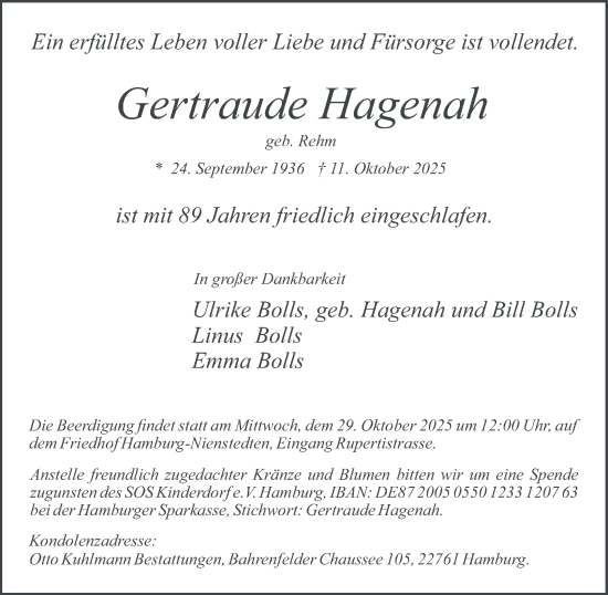 Traueranzeige von Gertraude Hagenah von Hamburger Abendblatt