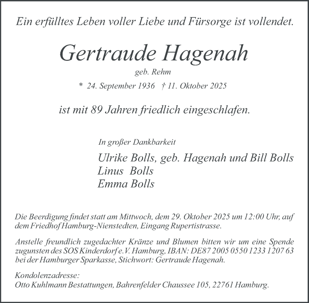  Traueranzeige für Gertraude Hagenah vom 18.10.2025 aus Hamburger Abendblatt