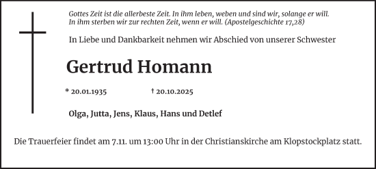 Traueranzeige von Gertrud Homann 