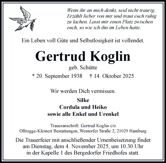 Traueranzeige von Gertrud Koglin von Bergedorfer Zeitung