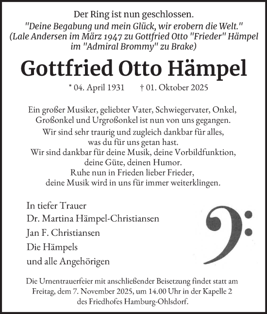 Traueranzeige von Gottfried Otto Hämpel von Hamburger Abendblatt