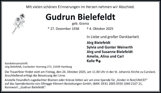 Traueranzeige von Gudrun Bielefeldt von Bergedorfer Zeitung