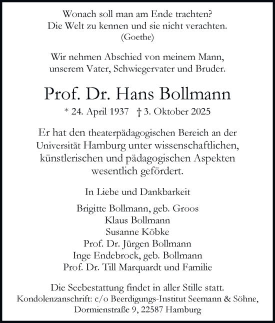 Traueranzeige von Hans Bollmann von Hamburger Abendblatt