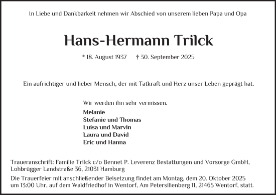 Traueranzeige von Hans-Hermann Trilck von Bergedorfer Zeitung