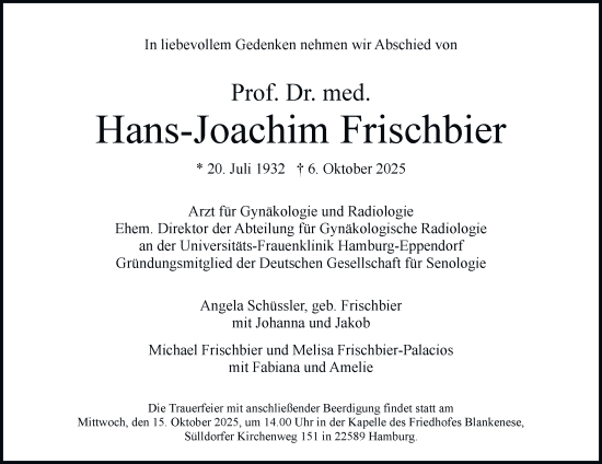 Traueranzeige von Hans-Joachim Frischbier von Hamburger Abendblatt