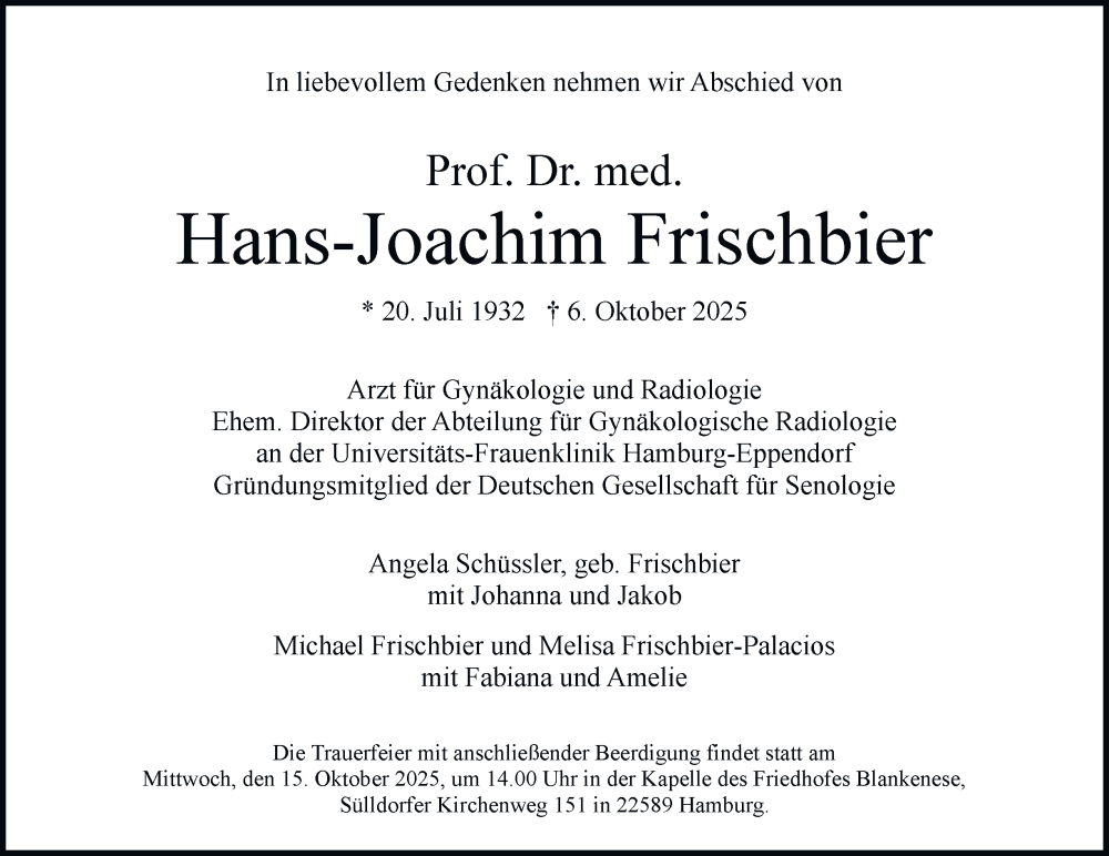  Traueranzeige für Hans-Joachim Frischbier vom 11.10.2025 aus Hamburger Abendblatt