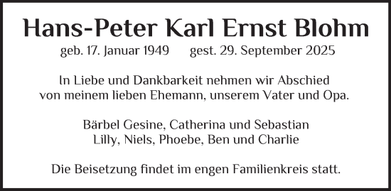 Traueranzeige von Hans-Peter Karl Ernst Blohm von Bergedorfer Zeitung