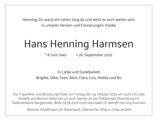 Traueranzeige von Hans Henning Harmsen von Hamburger Abendblatt