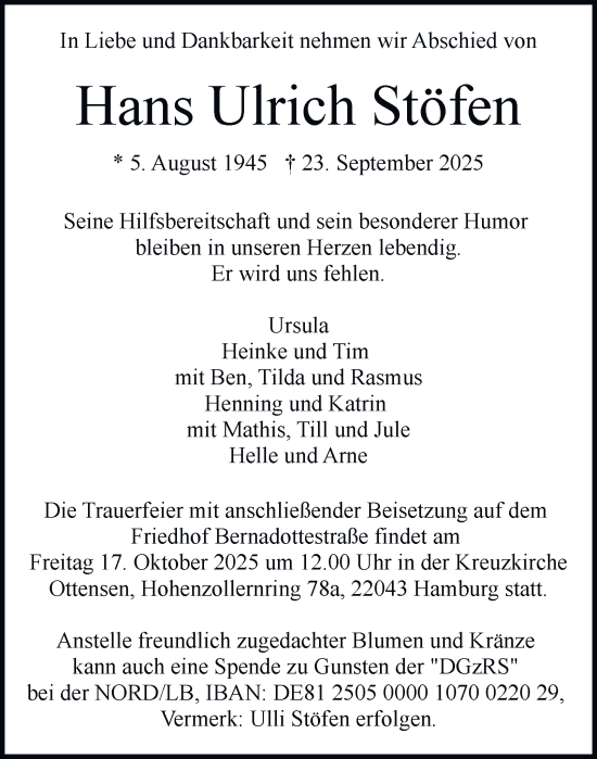 Traueranzeige von Hans Ulrich Stöfen von Hamburger Abendblatt