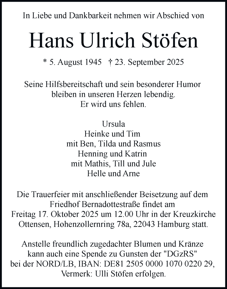  Traueranzeige für Hans Ulrich Stöfen vom 11.10.2025 aus Hamburger Abendblatt