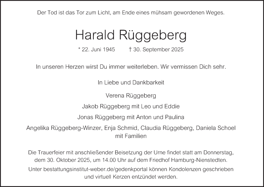  Traueranzeige für Harald Rüggeberg vom 25.10.2025 aus Hamburger Abendblatt