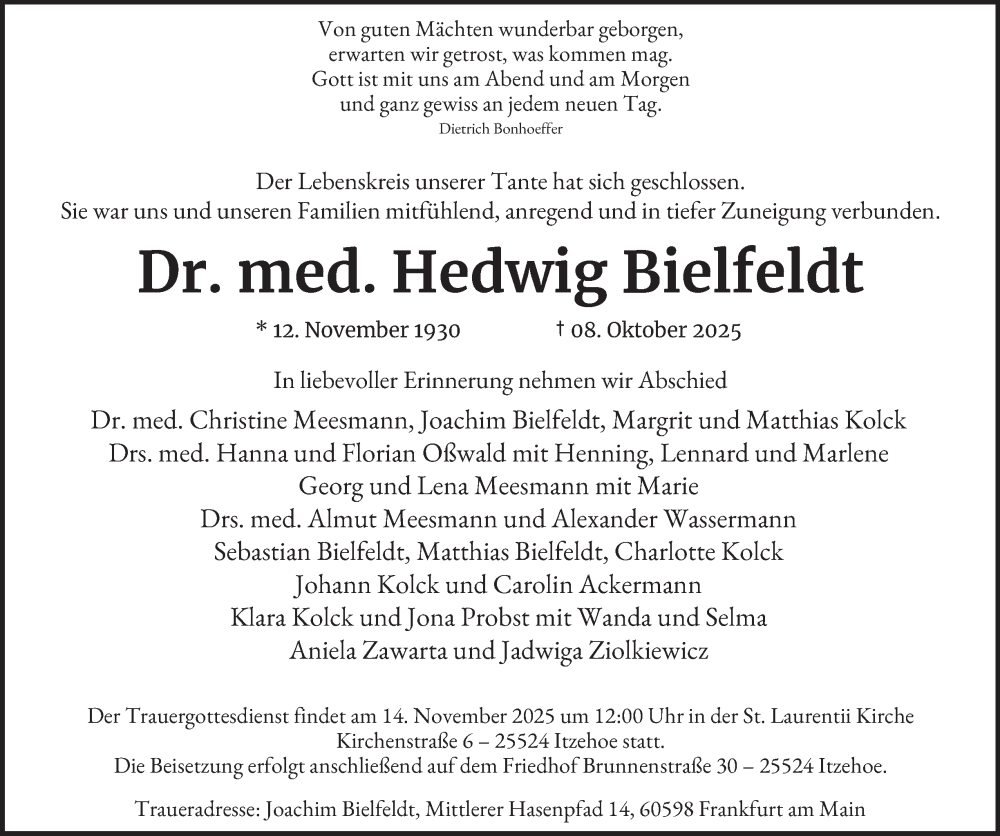  Traueranzeige für Hedwig Bielfeldt vom 01.11.2025 aus Hamburger Abendblatt