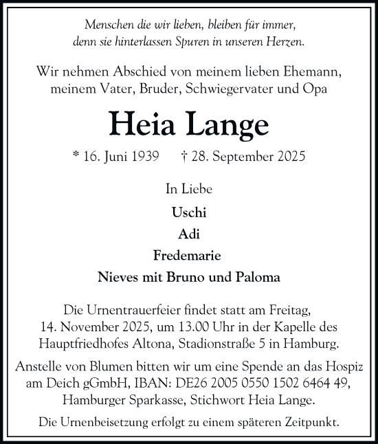 Traueranzeige von Heia Lange von Hamburger Abendblatt