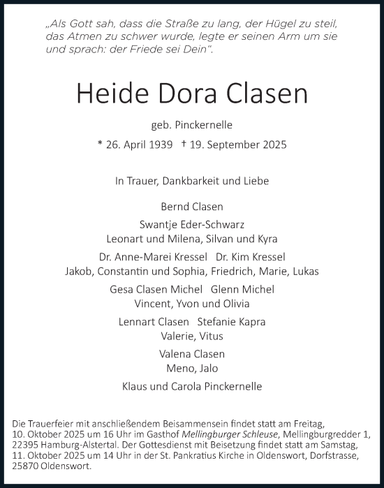 Traueranzeige von Heide Dora Clasen von Hamburger Abendblatt