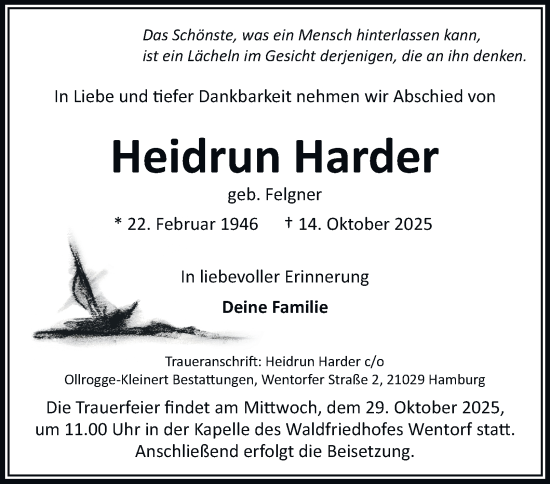 Traueranzeige von Heidrun Harder von Bergedorfer Zeitung
