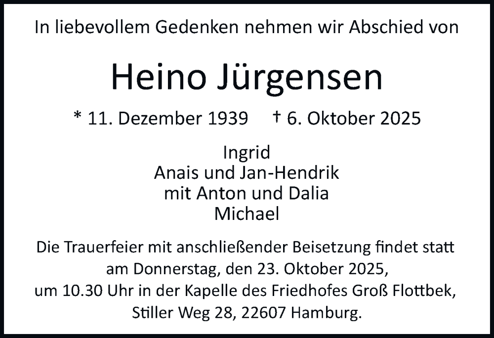  Traueranzeige für Heino Jürgensen vom 18.10.2025 aus Hamburger Abendblatt