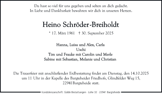Traueranzeige von Heino Schröder-Breiholdt von Hamburger Abendblatt