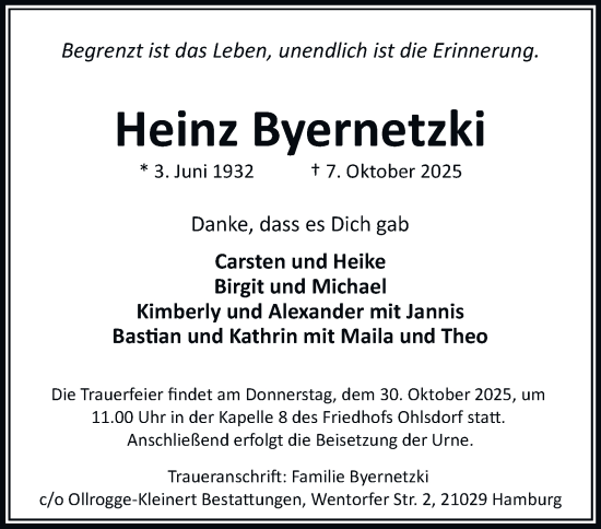 Traueranzeige von Heinz Byernetzki von Hamburger Abendblatt