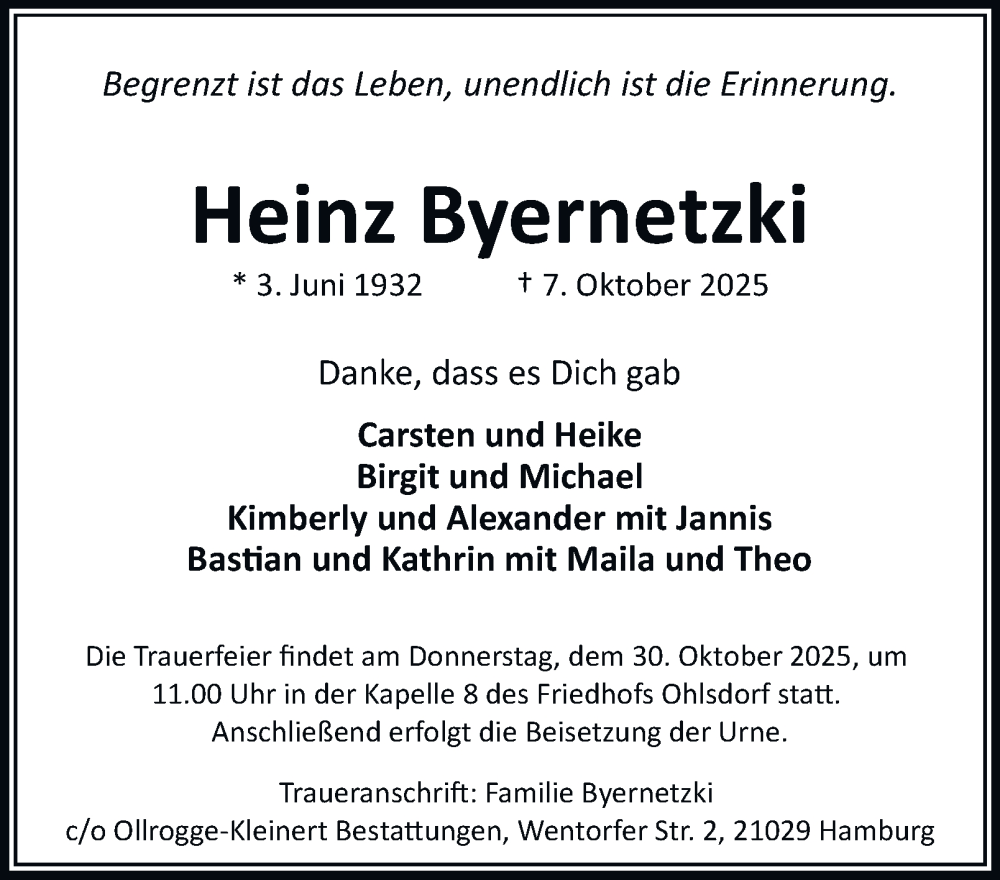  Traueranzeige für Heinz Byernetzki vom 18.10.2025 aus Hamburger Abendblatt