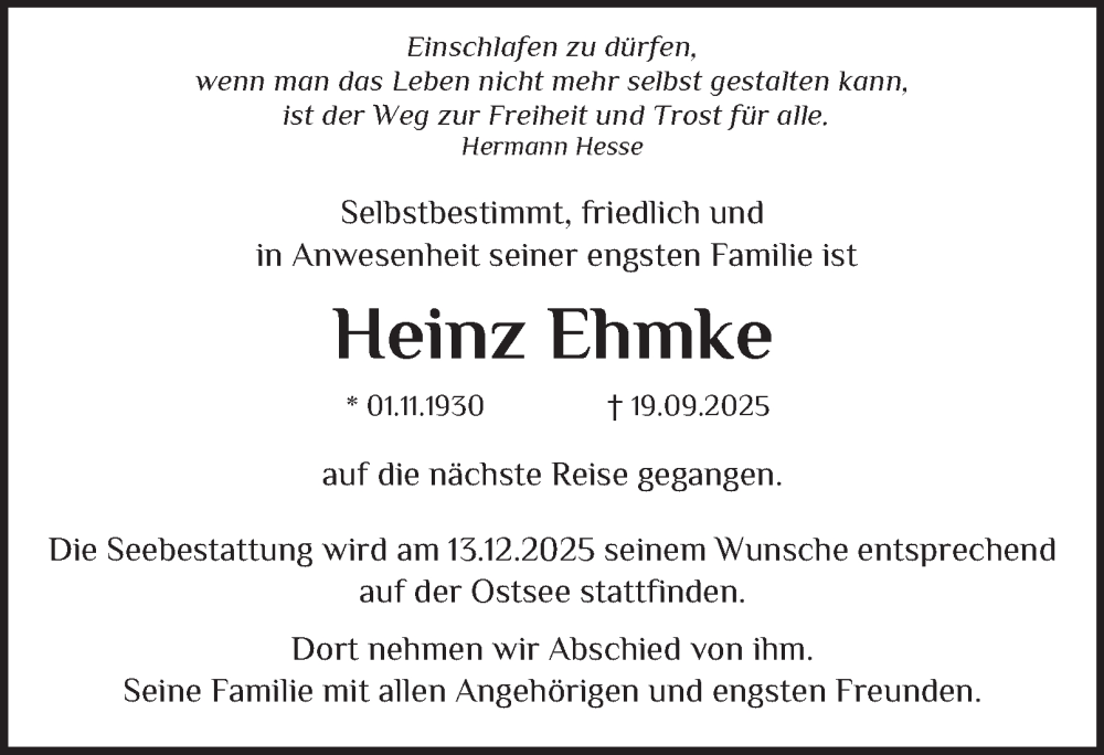  Traueranzeige für Heinz Ehmke vom 18.10.2025 aus Hamburger Abendblatt