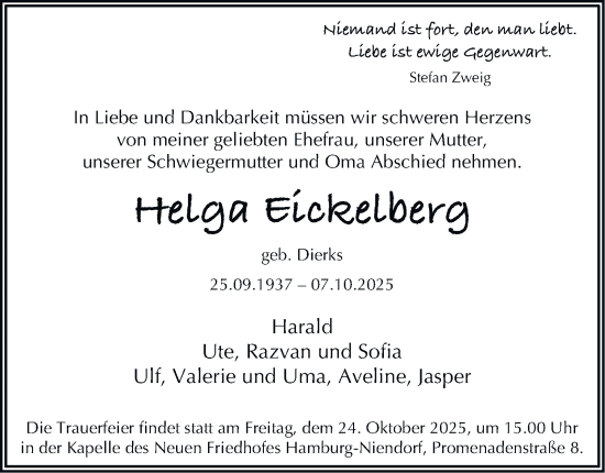 Traueranzeige von Helga Eickelberg 