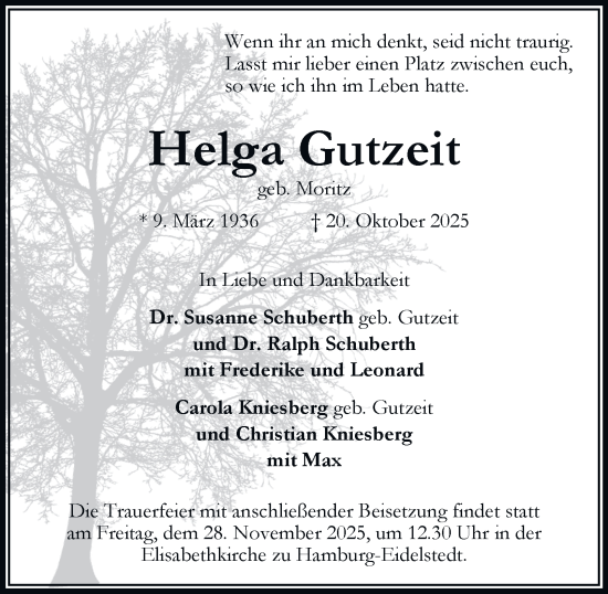 Traueranzeige von Helga Gutzeit von Hamburger Abendblatt