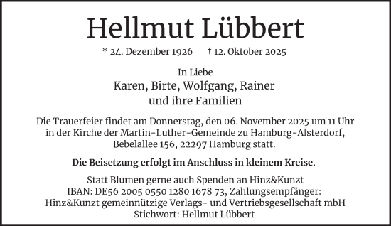 Traueranzeige von Hellmut Lübbert von Hamburger Abendblatt