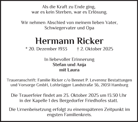 Traueranzeige von Hermann Ricker von Hamburger Abendblatt, Bergedorfer Zeitung
